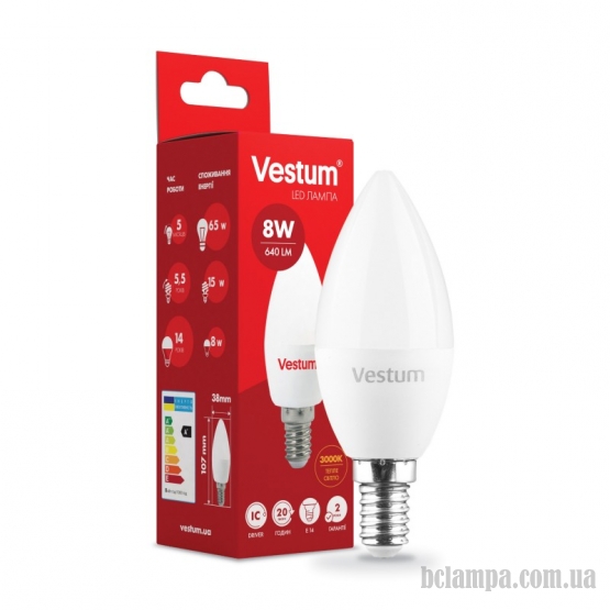Лампа VESTUM LED  C37  8W Е14 3000K 220V (1-VS-1312) 
