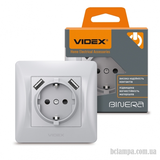 Розетка Videx Binera 1-я с з/к и 2USB срібний шовк (24899)