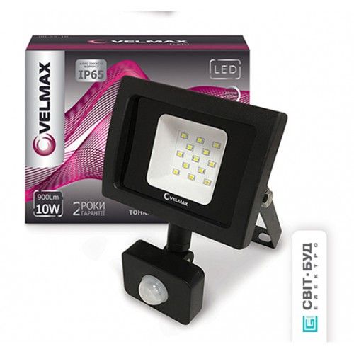 Прожектор VELMAX LED  10W сенсор 6500K IP65 900Lm черный (00-25-11/26-14-10)