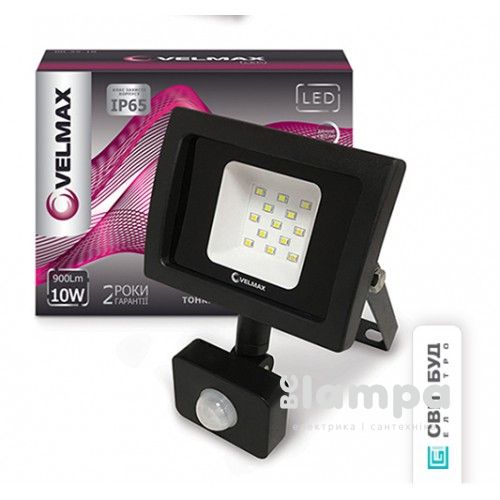 Прожектор VELMAX LED  10W сенсор 6500K IP65 900Lm черный (00-25-11/26-14-10)