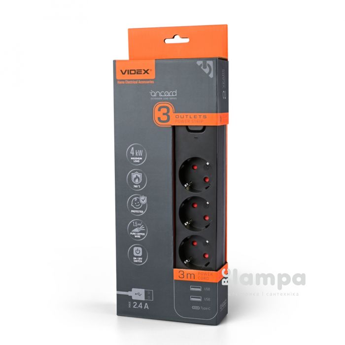 Мережний фiльтр живлення VIDEX з з/к  3м 3 розетки + 2 USB+ USB -C 2.4 A×1.5mm²  чорний (27694)