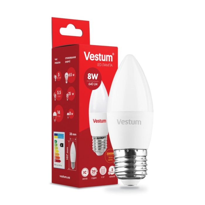 Лампа VESTUM LED  C37  8W Е27 3000K 220V (1-VS-1310)