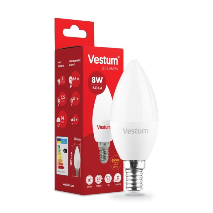 Лампа VESTUM LED  C37  8W Е14 3000K 220V (1-VS-1312)