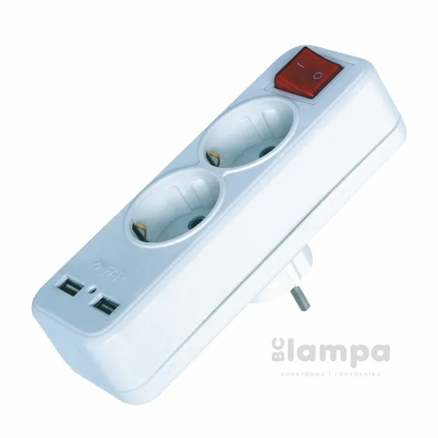 Двійник з з/к +2 USB з вимикачем, вертикальний FAR білий (F08)