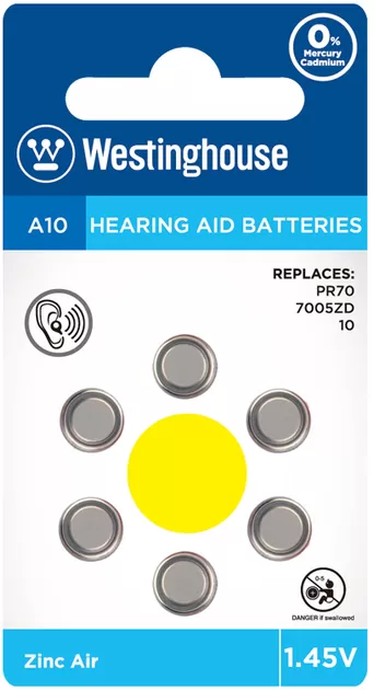 Батарейка для слуховых аппаратов WESTINGHOUSE A10  (блистер 6 шт.)