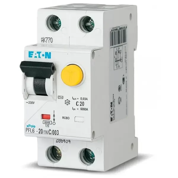 АД, вимикач диф.струму з захистом від надструмів Eatone PFL6 - 2/20/1N/C/003 (286468) Serbia