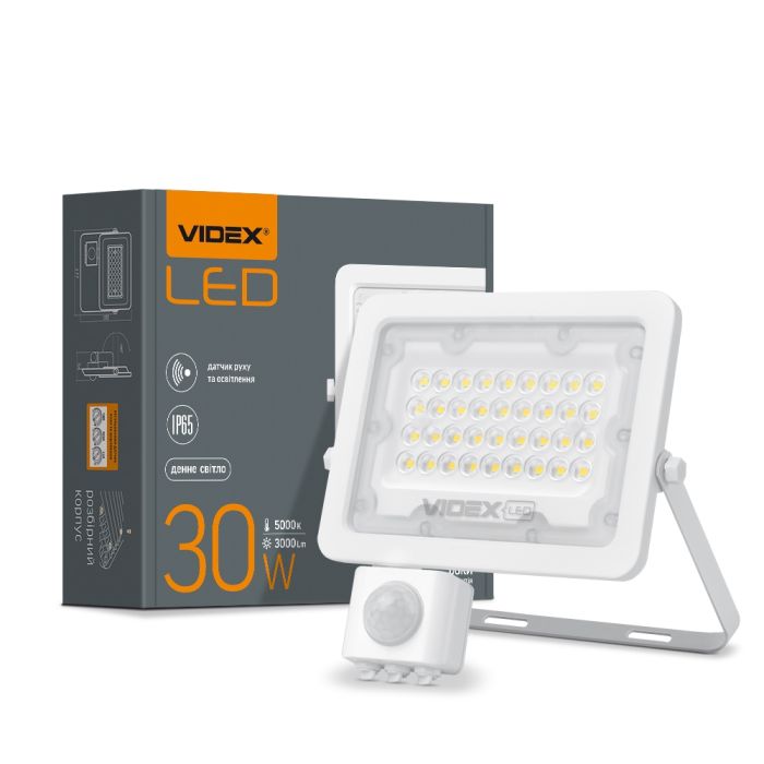 Прожектор VIDEX LED  30W 5000K 200V с датчиком движения и освещения (VL-F2e-305W-S)