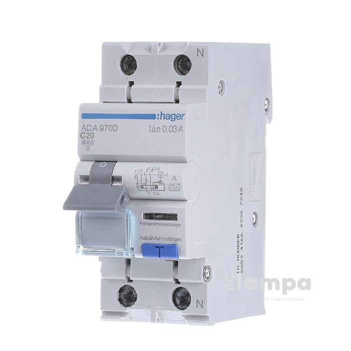 АД, вимикач диф.струму з захистом від надструмів Hager ADA970D 1+N,20A,30mA, C,6KA,A,2M France