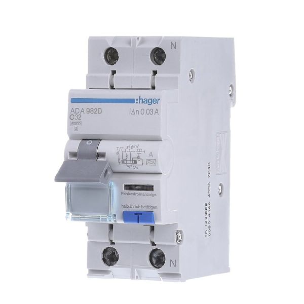 АД, вимикач диф.струму з захистом від надструмів Hager ADA982D 1+N,32A,30mA, C,6KA,A,2M France