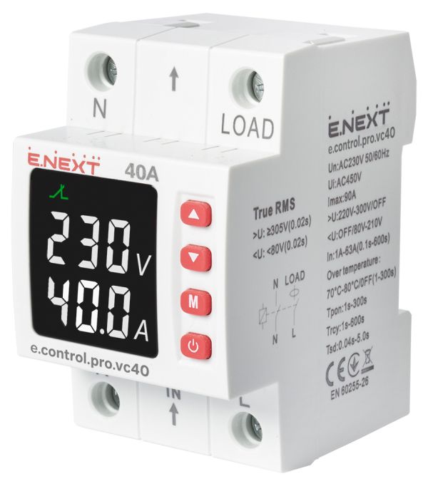 Реле напруги e.NEXT з контролем струму  однофазне 40А  e.control.pro.vс40  p0690101