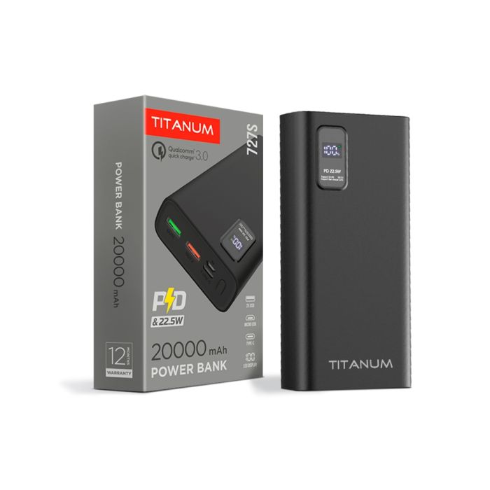 Power Bank TITANUM TPB-727S 20000 mAh 22.5W QC+PD чорний (27362)