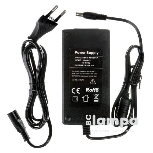 Трансформатор электр. для LED ленты plastik ±12V/ 72W(6.0А)+ шнур 1,4м 115*50*33 IP20 (1013433)