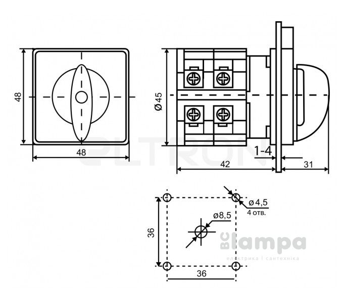 Перемикач пакетний типу ПКП Е9 20А/2.841 (0-1-2-3 вибір фази) АСКО (0110010055)
