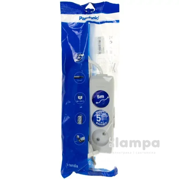 Подовжувач 3гн.  5м  без з/к+ шторки сірий X- tendia (B02352GR-UA) Panasonic