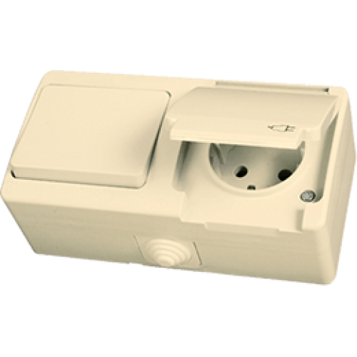 Блок: розетка з/к крем кришка/крем корпус + вимикач 2кл IP54 "Nemli"