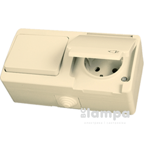 Блок: розетка з/к крем кришка/крем корпус + вимикач 2кл IP54 "Nemli"