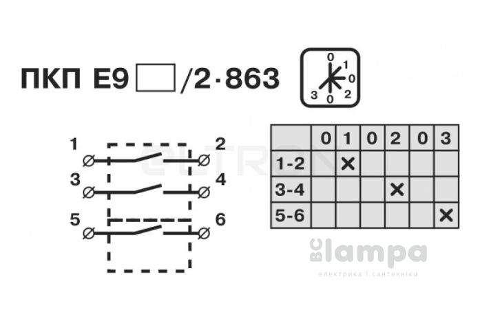 Перемикач пакетний типу ПКП Е9 25А/2.863 (0-1-0-2-0-3 вибір фази) АСКО (0110010015)