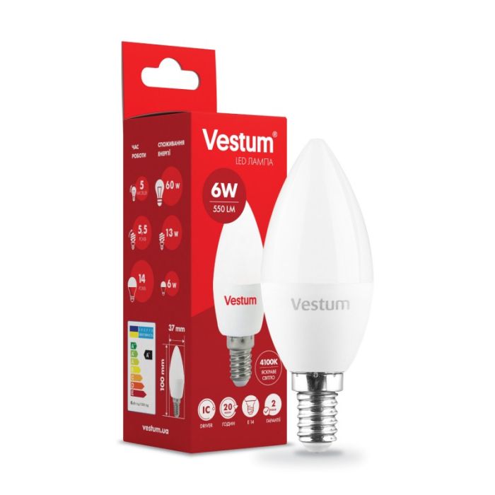 Лампа VESTUM LED  C37  6W Е14 4100K 220V (1-VS-1303)