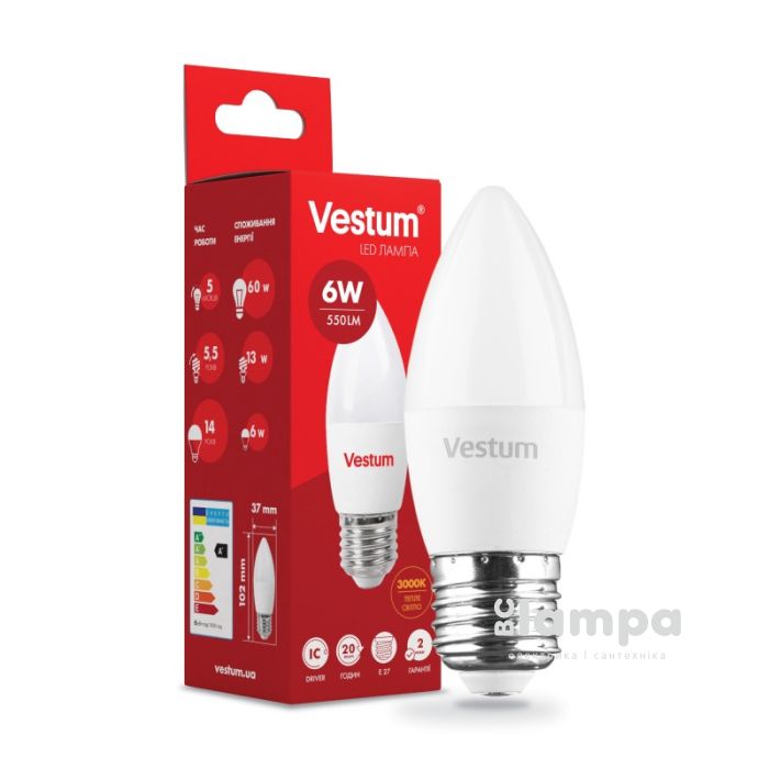 Лампа VESTUM LED  C37  6W Е27 3000K 220V (1-VS-1302)