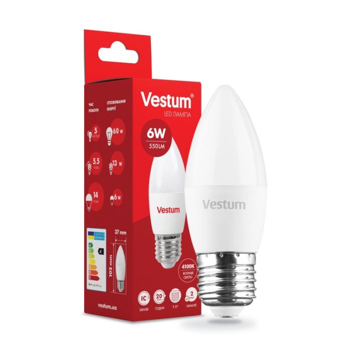 Лампа VESTUM LED  C37  6W Е27 4100K 220V (1-VS-1301)