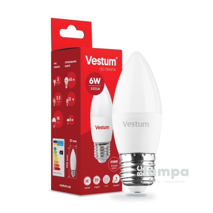 Лампа VESTUM LED  C37  6W Е27 4100K 220V (1-VS-1301)