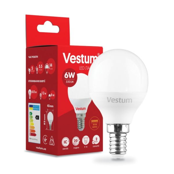 Лампа VESTUM LED  G45  6W Е14 3000K 220V (1-VS-1204)