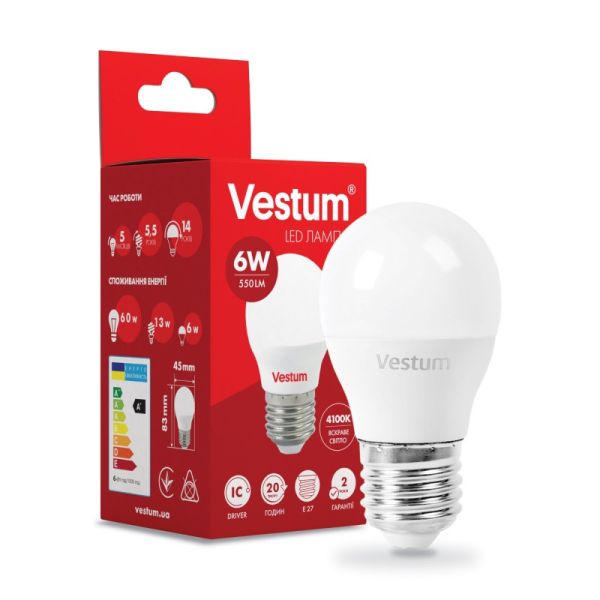 Лампа VESTUM LED  G45  6W Е27 4100K 220V (1-VS-1201)