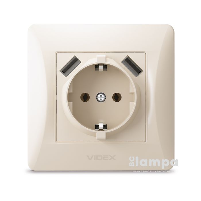Розетка Videx Binera 1-я с з/к и 2USB кремова (24694)